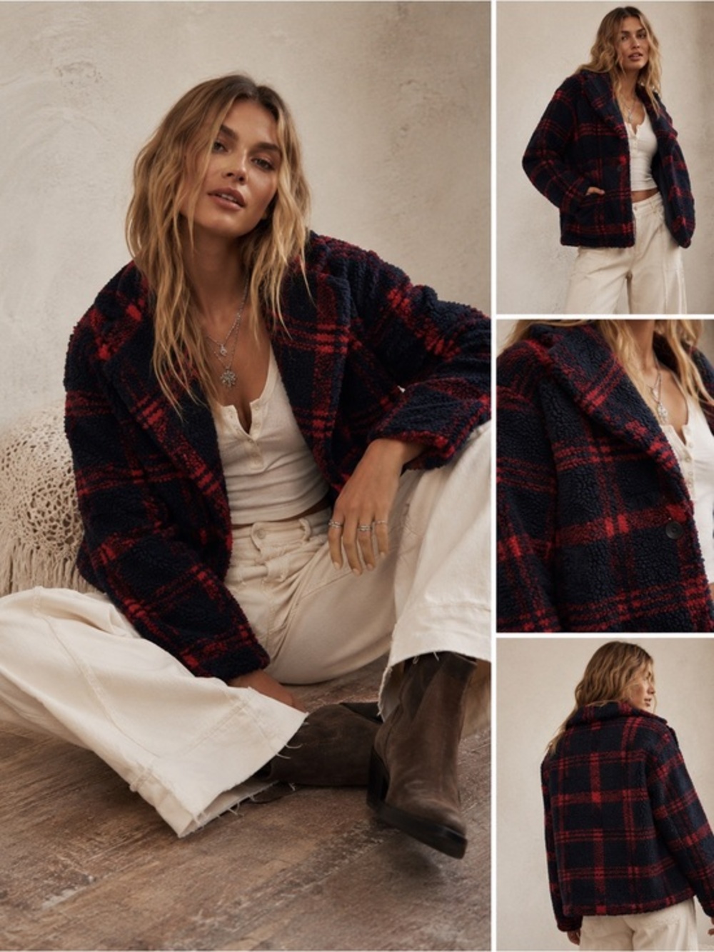 Sanctuary Navy Red Plaid Teddy Sherpa XL Jacket Oversized Cozy Cabin Core